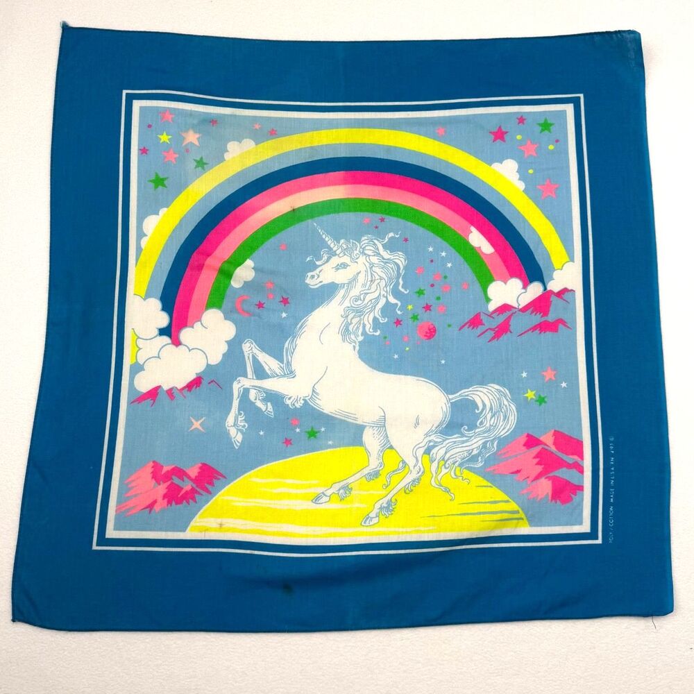 Vintage 80s Unicorn Rainbow Bandana Scarf Made In USA Mythical Kidcore Retro